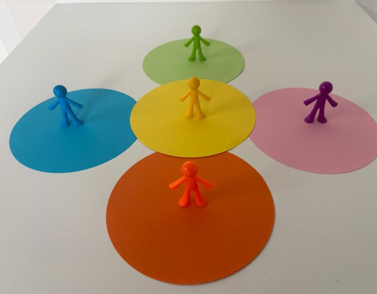 Systemische Beratung Bunte Figuren stehen auf farbigen Kreisen in einem hellen Raum.